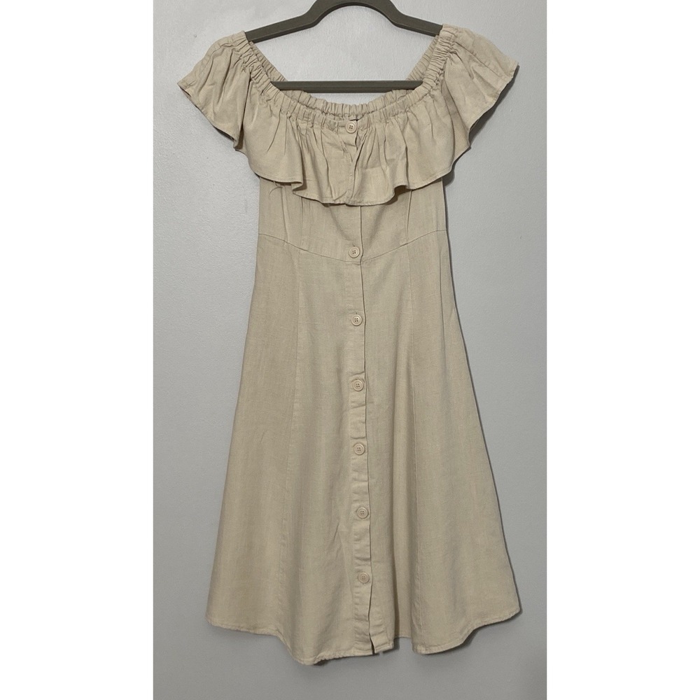 Women's‎ Linen Blend Dress Size Small Off/On Shoulder Cottagecore Boho Coastal